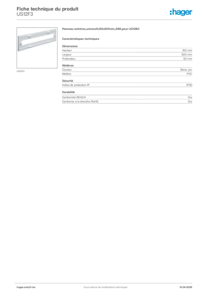 Image Hager Fiche technique du produit US12F3 | Hager Belgique