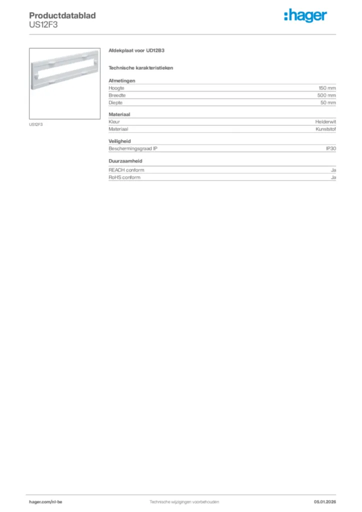 Afbeelding Hager Productdatablad US12F3 | Hager Belgium