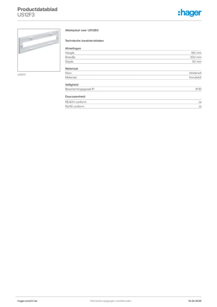 Afbeelding Hager Productdatablad US12F3 | Hager Belgium