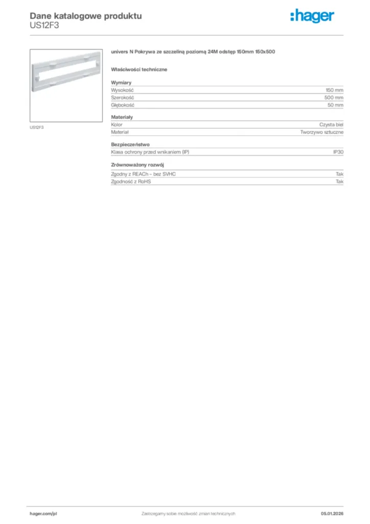 Zdjęcie Hager Karta katalogowa US12F3 | Hager Polska