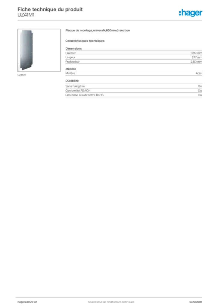 Image Hager Fiche technique du produit UZ41M1 | Hager Suisse