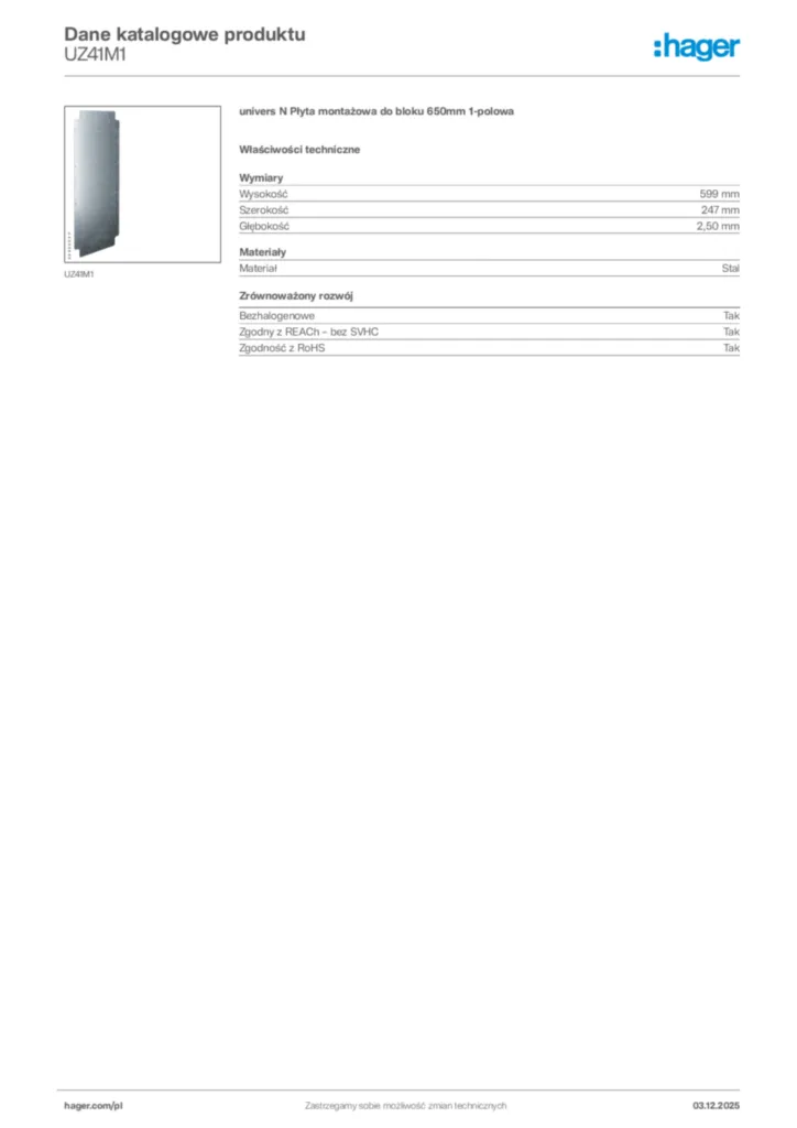 Zdjęcie Hager Dane katalogowe produktu UZ41M1 | Hager Polska