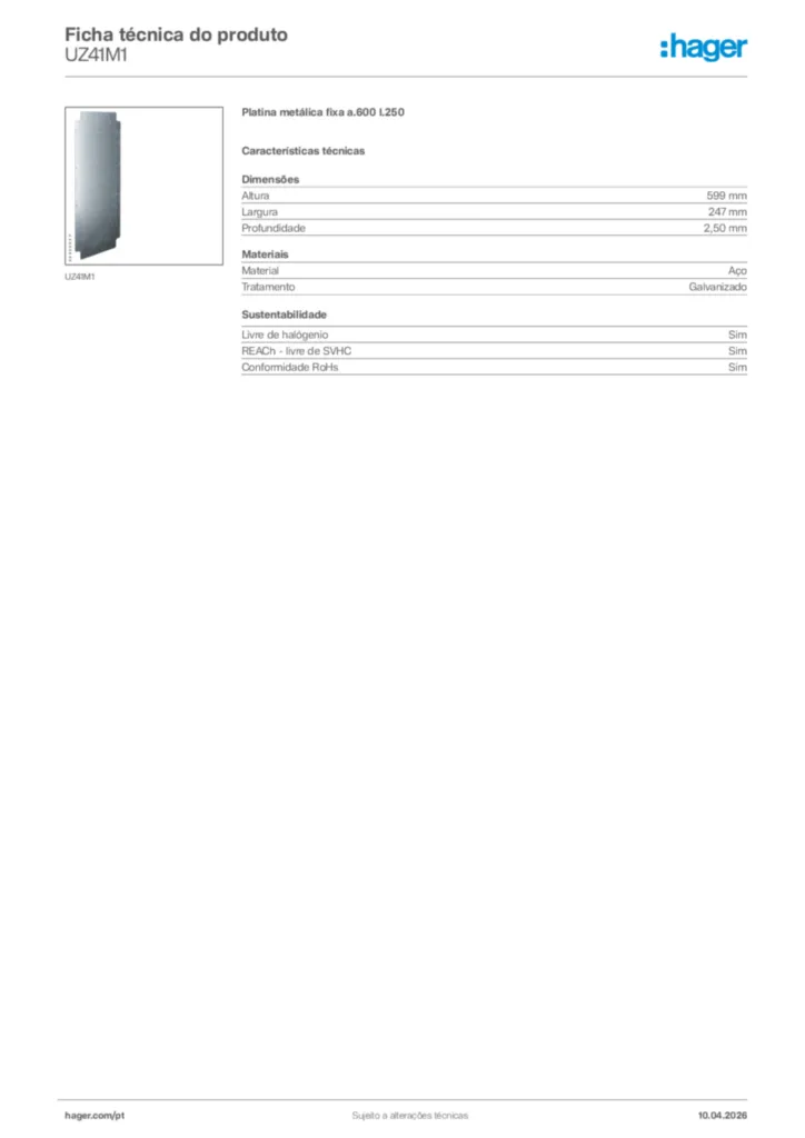 Imagem Hager Ficha técnica do produto UZ41M1 | Hager Portugal