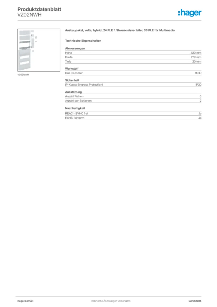 Bild Hager Produktdatenblatt VZ02NWH | Hager Deutschland