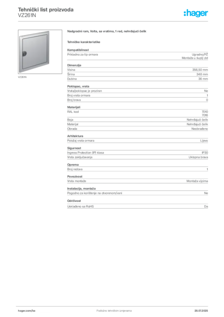 Slika Hager Product data sheet VZ261N  | Hager