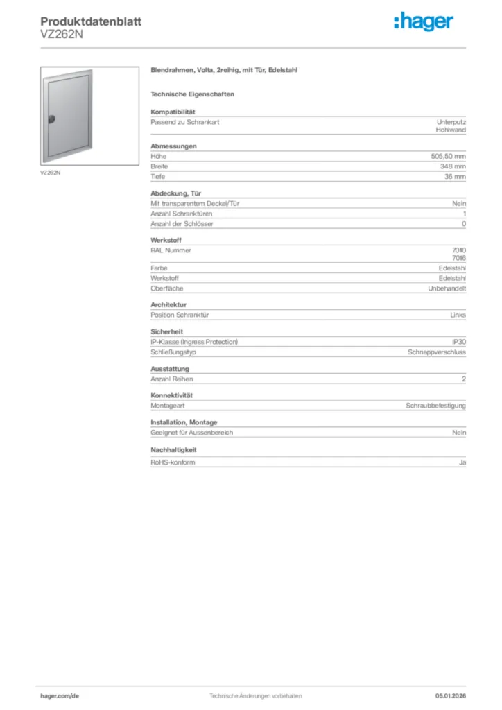 Bild Hager Produktdatenblatt VZ262N | Hager Deutschland