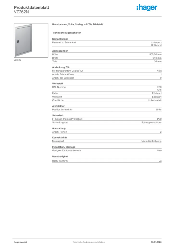 Bild Hager Produktdatenblatt VZ262N | Hager Deutschland