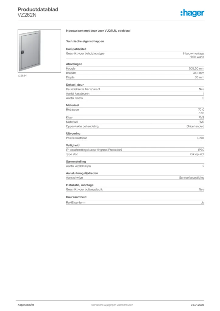 Afbeelding Hager Productdatablad VZ262N | Hager Nederland