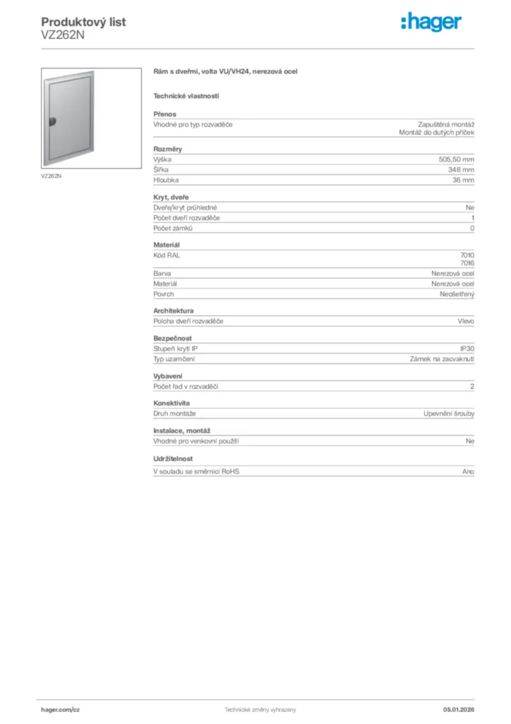 Obrázek Hager Product data sheet VZ262N | Hager