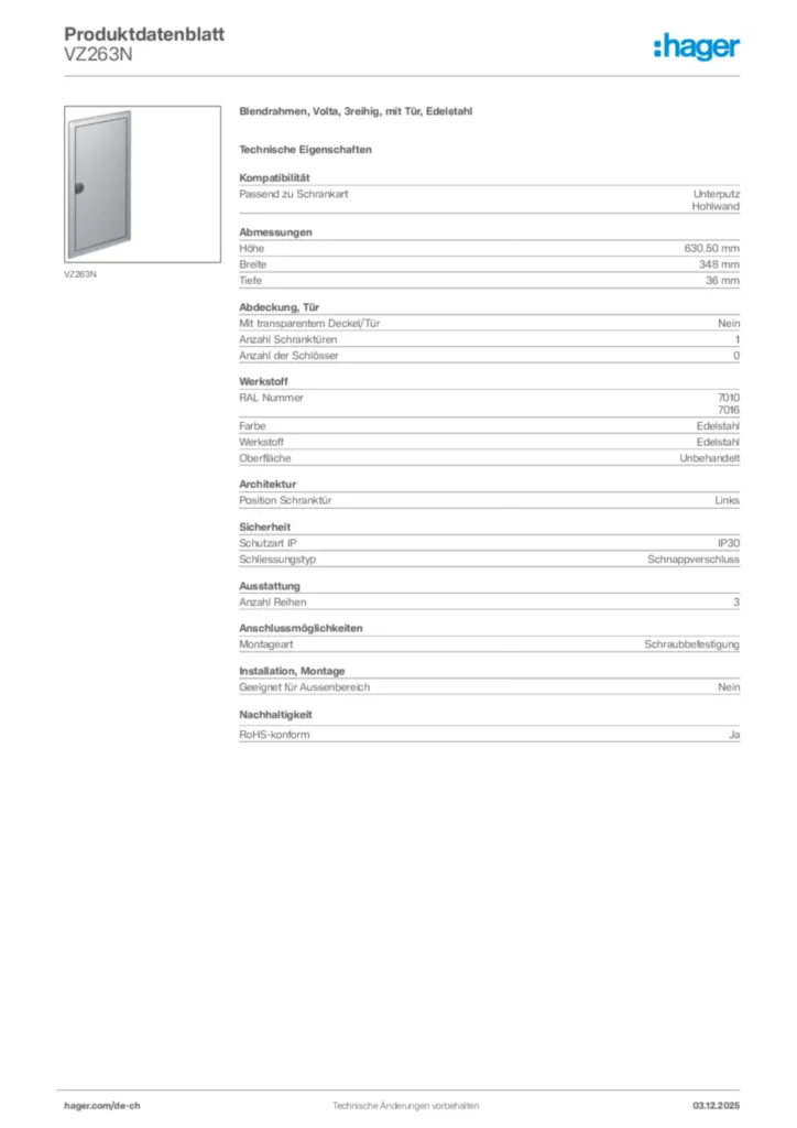 Bild Hager Produktdatenblatt VZ263N | Hager Schweiz