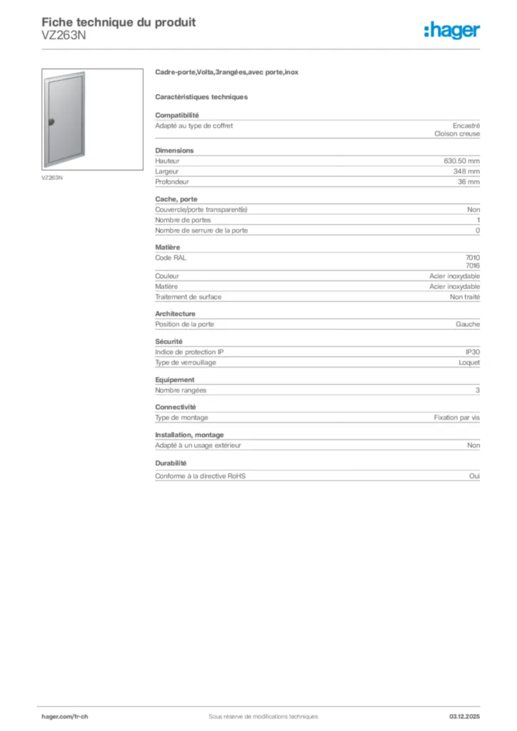 Image Hager Fiche technique du produit VZ263N | Hager Suisse