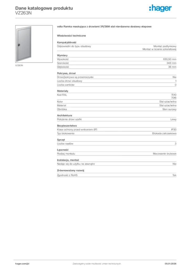 Zdjęcie Hager Karta katalogowa VZ263N | Hager Polska