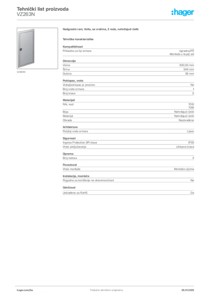 Slika Hager Product data sheet VZ263N  | Hager