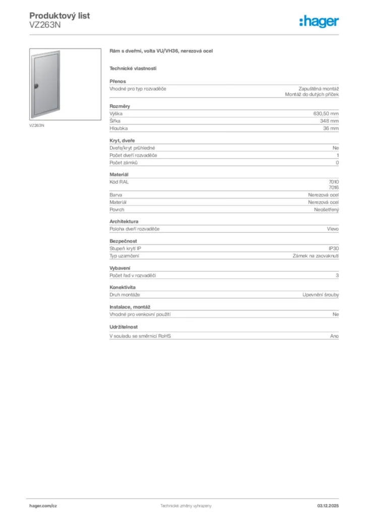 Obrázek Hager Product data sheet VZ263N | Hager
