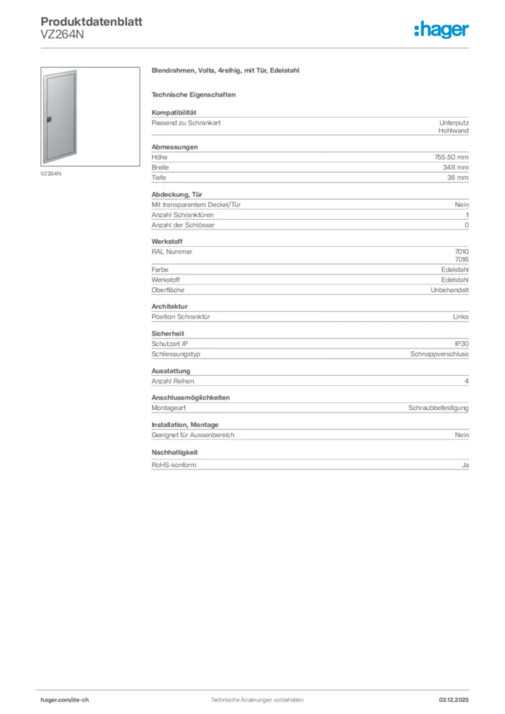 Bild Hager Produktdatenblatt VZ264N | Hager Schweiz