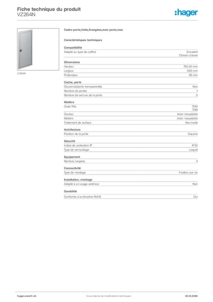 Image Hager Fiche technique du produit VZ264N | Hager Suisse