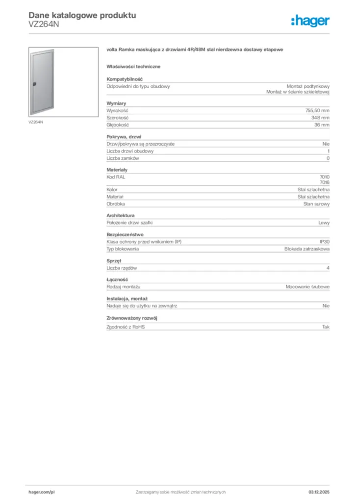Zdjęcie Hager Karta katalogowa VZ264N | Hager Polska