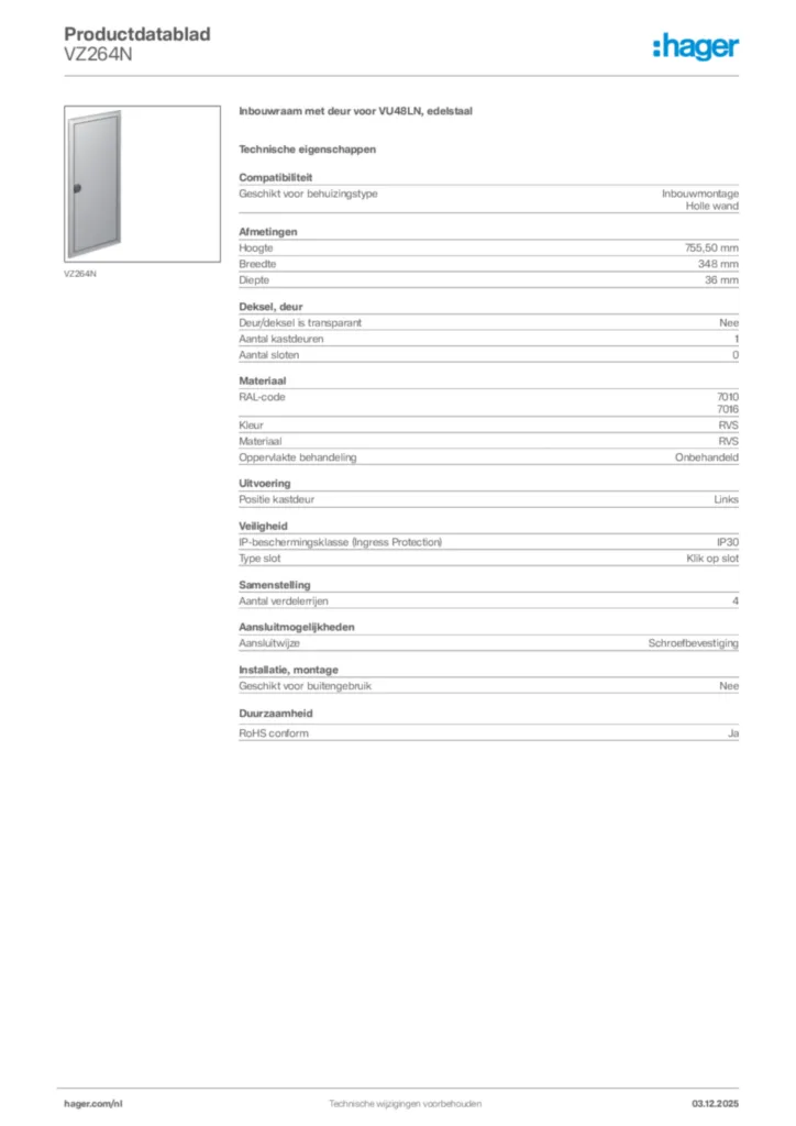 Afbeelding Hager Productdatablad VZ264N | Hager Nederland