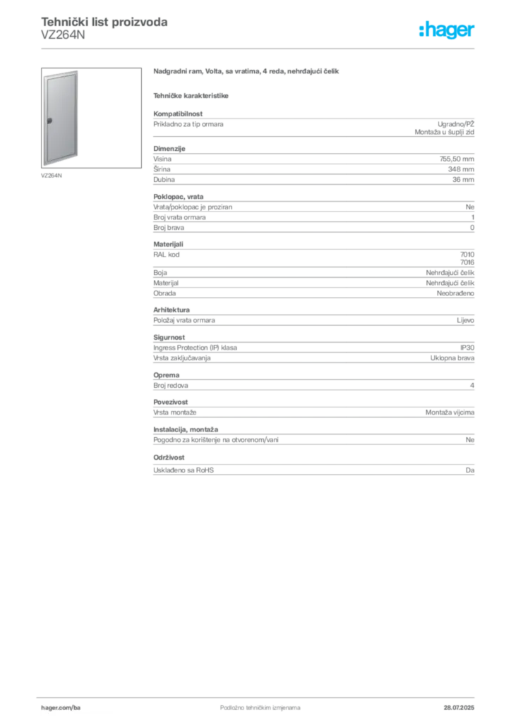 Slika Hager Product data sheet VZ264N  | Hager