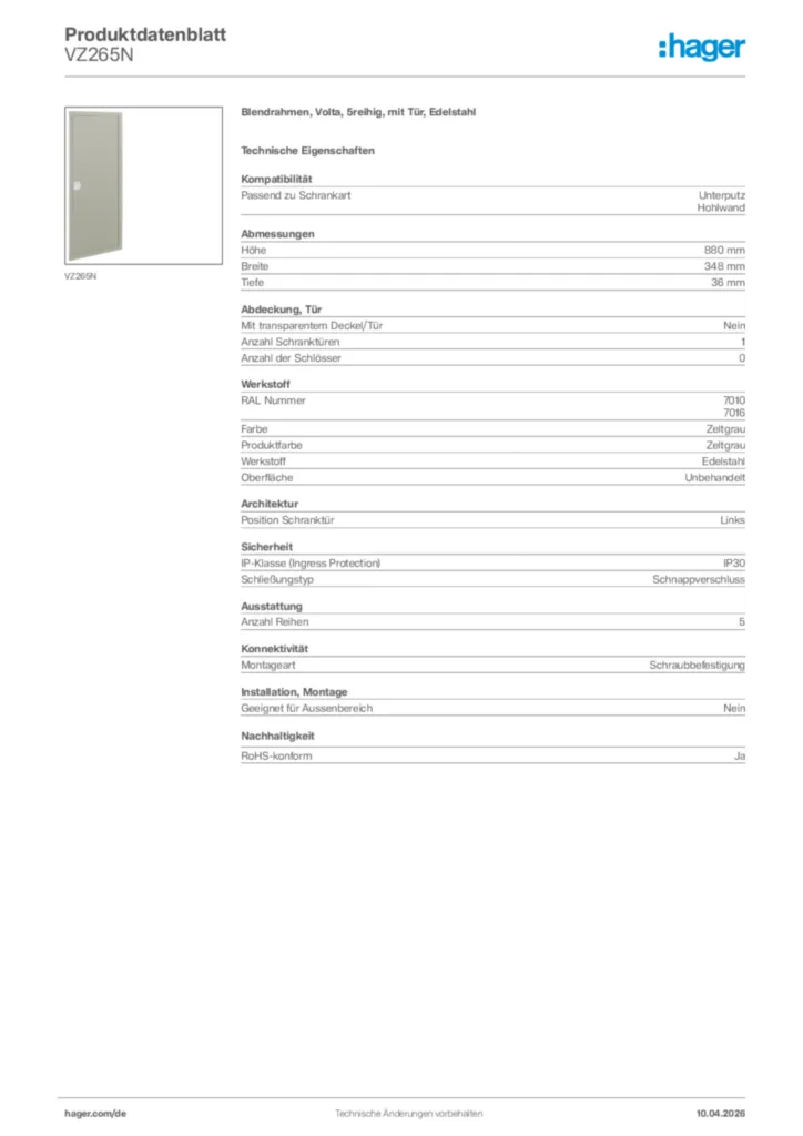 Bild Hager Produktdatenblatt VZ265N | Hager Deutschland