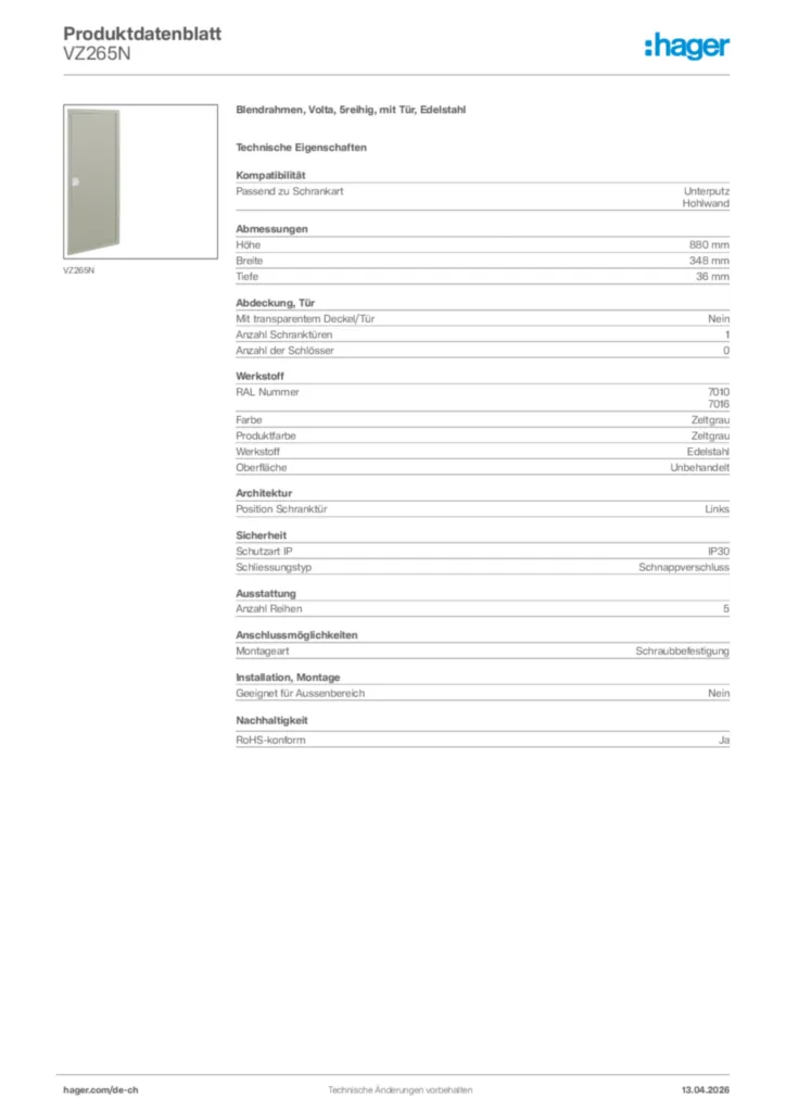 Bild Hager Produktdatenblatt VZ265N | Hager Schweiz