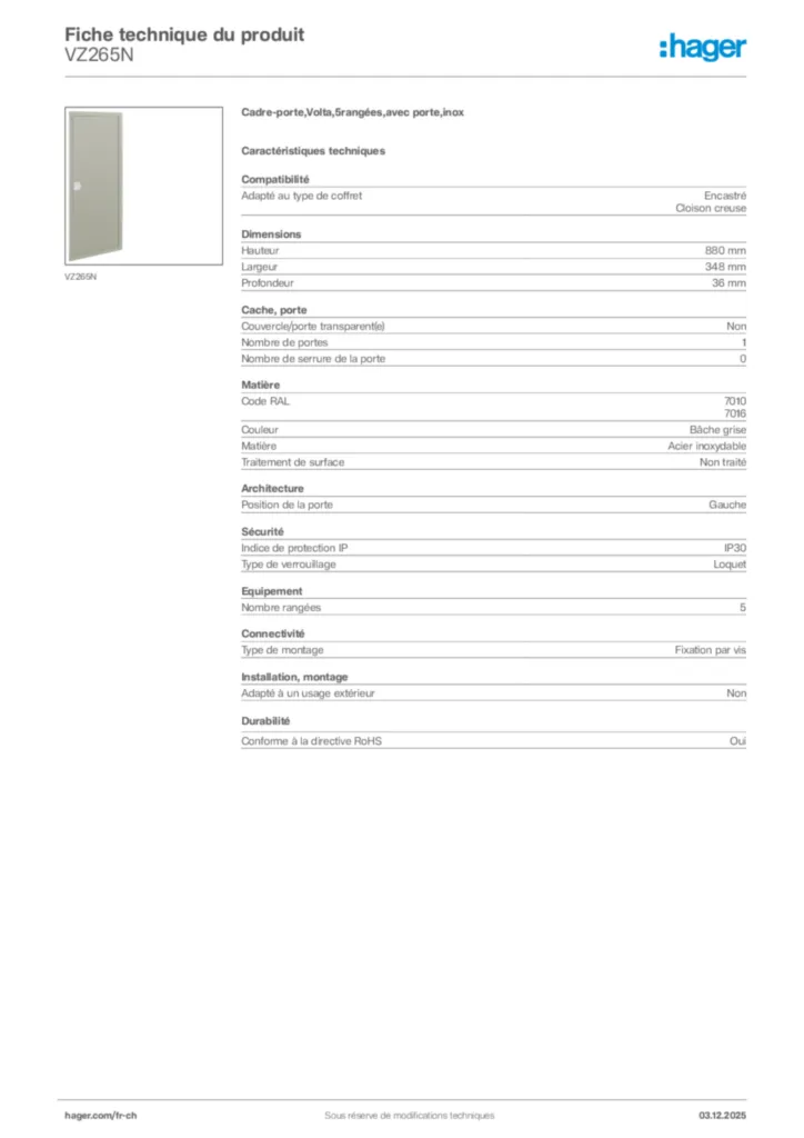 Image Hager Fiche technique du produit VZ265N | Hager Suisse