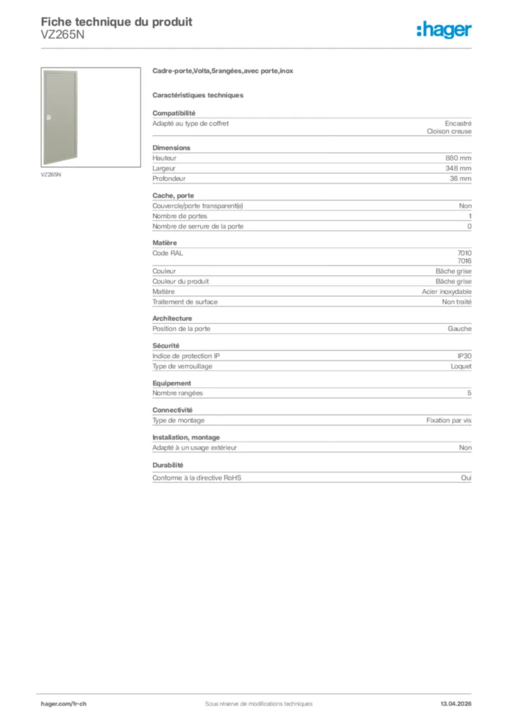 Image Hager Fiche technique du produit VZ265N | Hager Suisse