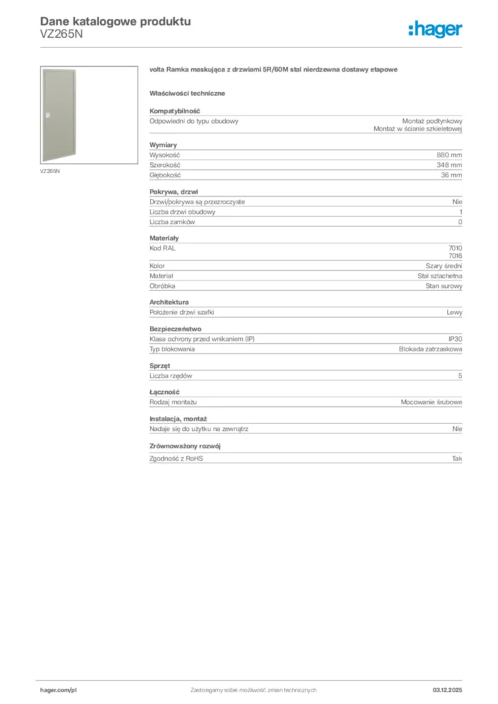 Zdjęcie Hager Karta katalogowa VZ265N | Hager Polska