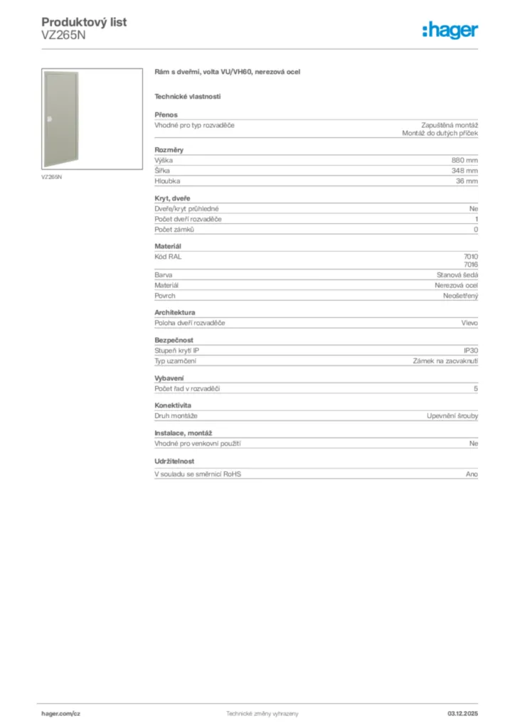 Obrázek Hager Product data sheet VZ265N | Hager