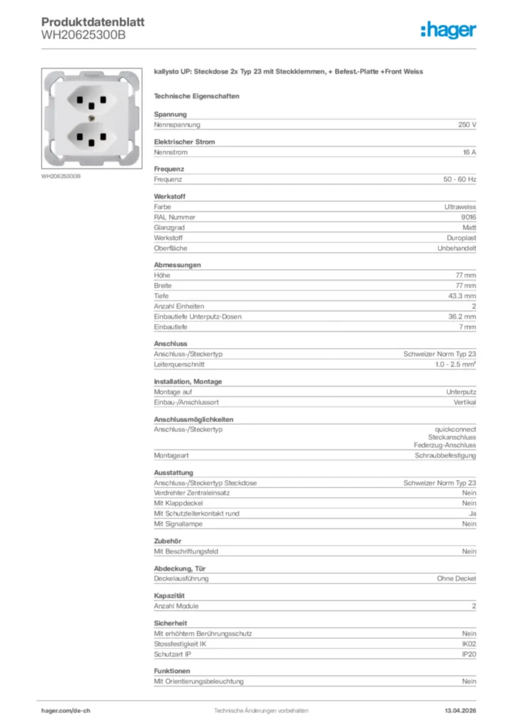 Bild Hager Produktdatenblatt WH20625300B | Hager Schweiz
