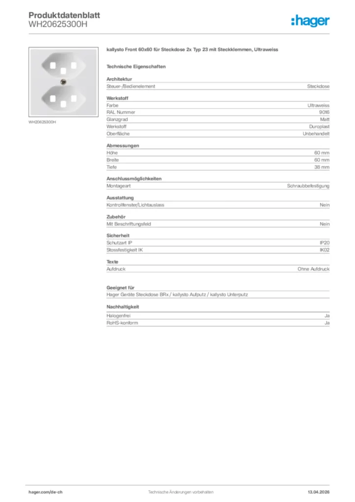Bild Hager Produktdatenblatt WH20625300H | Hager Schweiz
