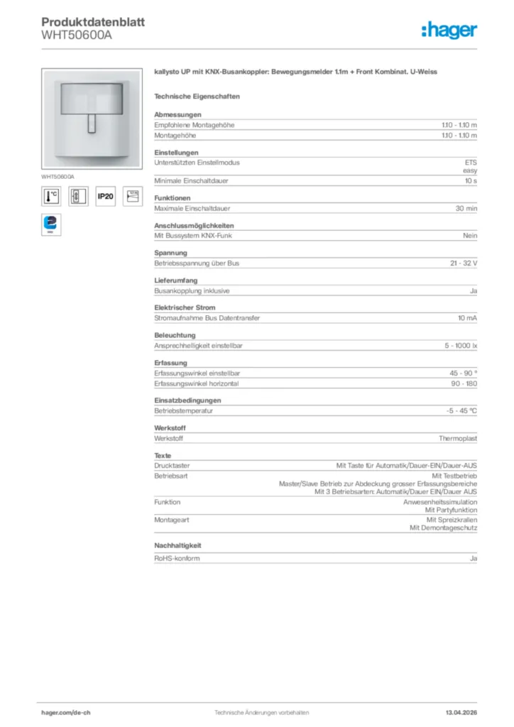Bild Hager Produktdatenblatt WHT50600A | Hager Schweiz