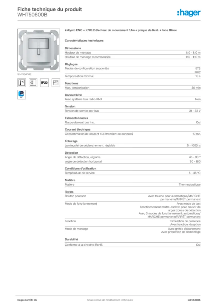 Image Hager Fiche technique du produit WHT50600B | Hager Suisse