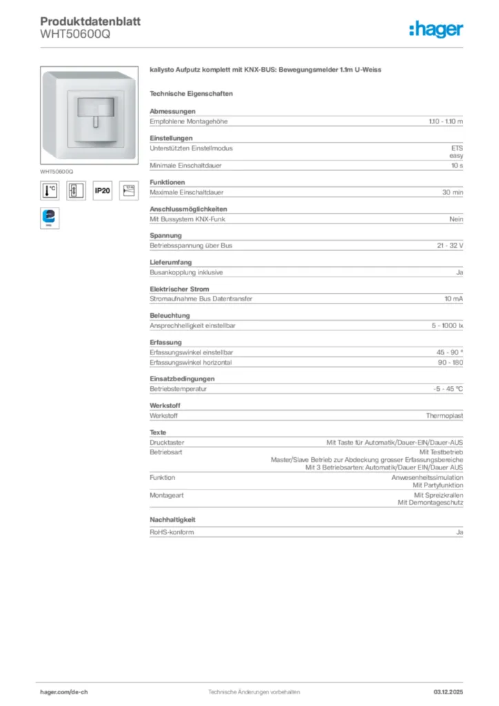 Bild Hager Produktdatenblatt WHT50600Q | Hager Schweiz