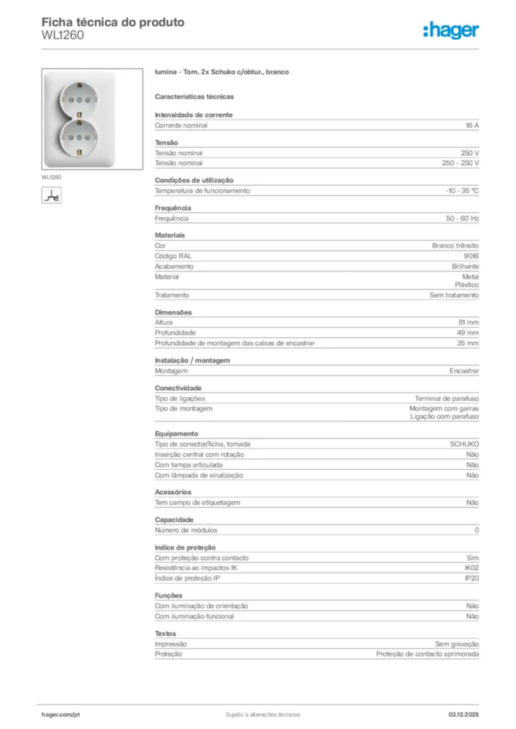 Imagem Hager Ficha técnica do produto WL1260 | Hager Portugal