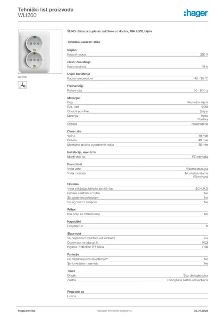 Slika Hager Tehnički list proizvoda WL1260  | Hager