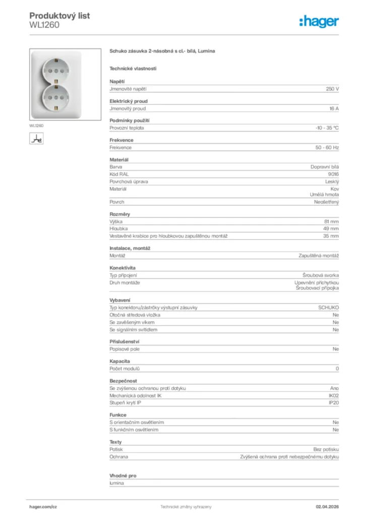 Obrázek Hager Product data sheet WL1260 | Hager