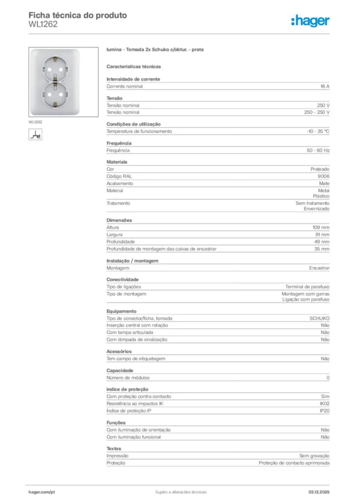 Imagem Hager Ficha técnica do produto WL1262 | Hager Portugal