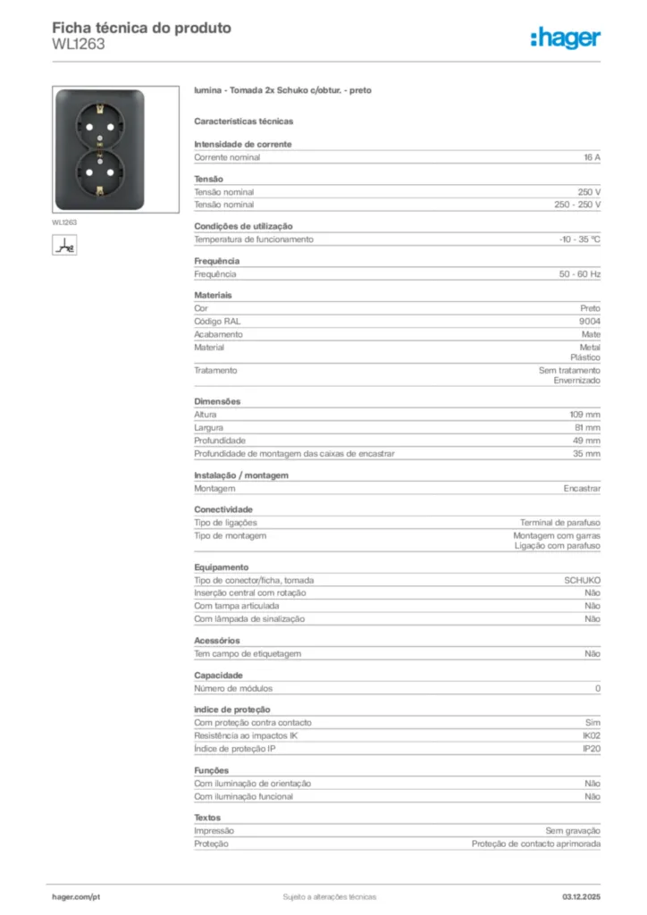 Imagem Hager Ficha técnica do produto WL1263 | Hager Portugal