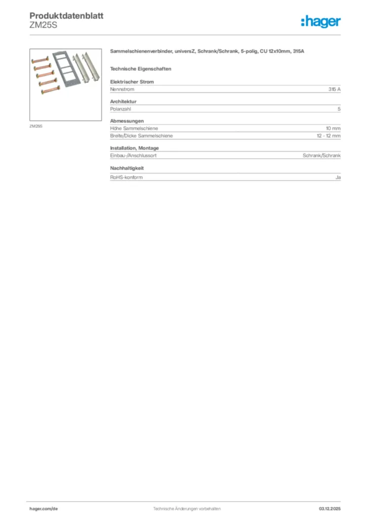 Hager Produktdatenblatt ZM25S