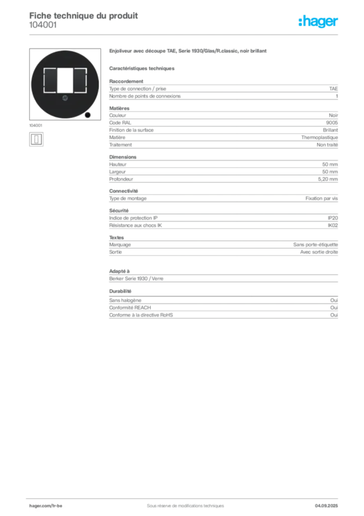 Image Hager Fiche technique du produit 104001 | Hager Belgique