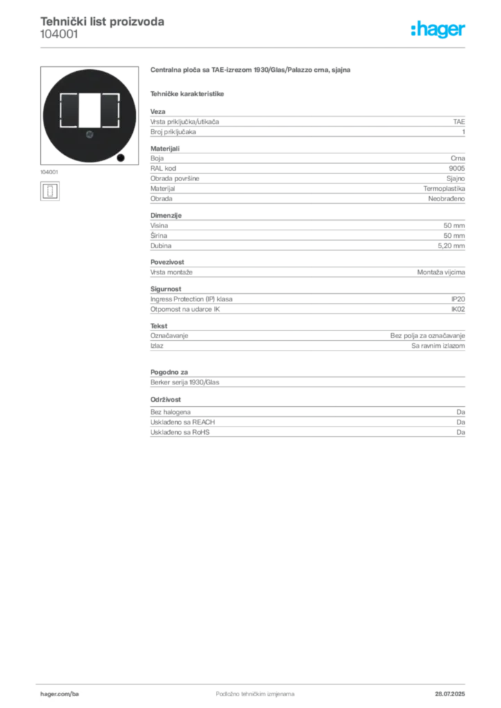 Slika Hager Product data sheet 104001  | Hager