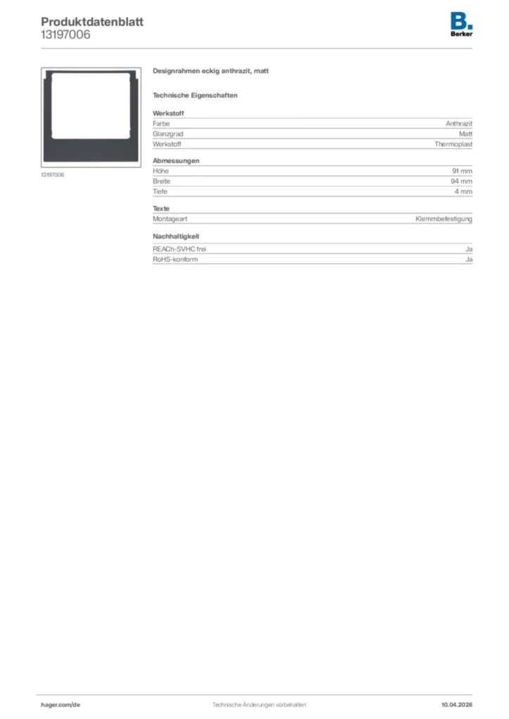 Bild Berker Produktdatenblatt 13197006 | Hager Deutschland