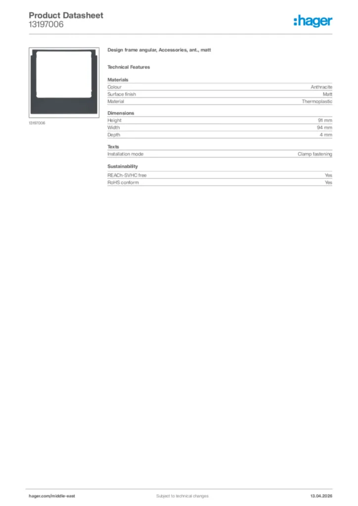 Image Hager Product data sheet 13197006  | Hager