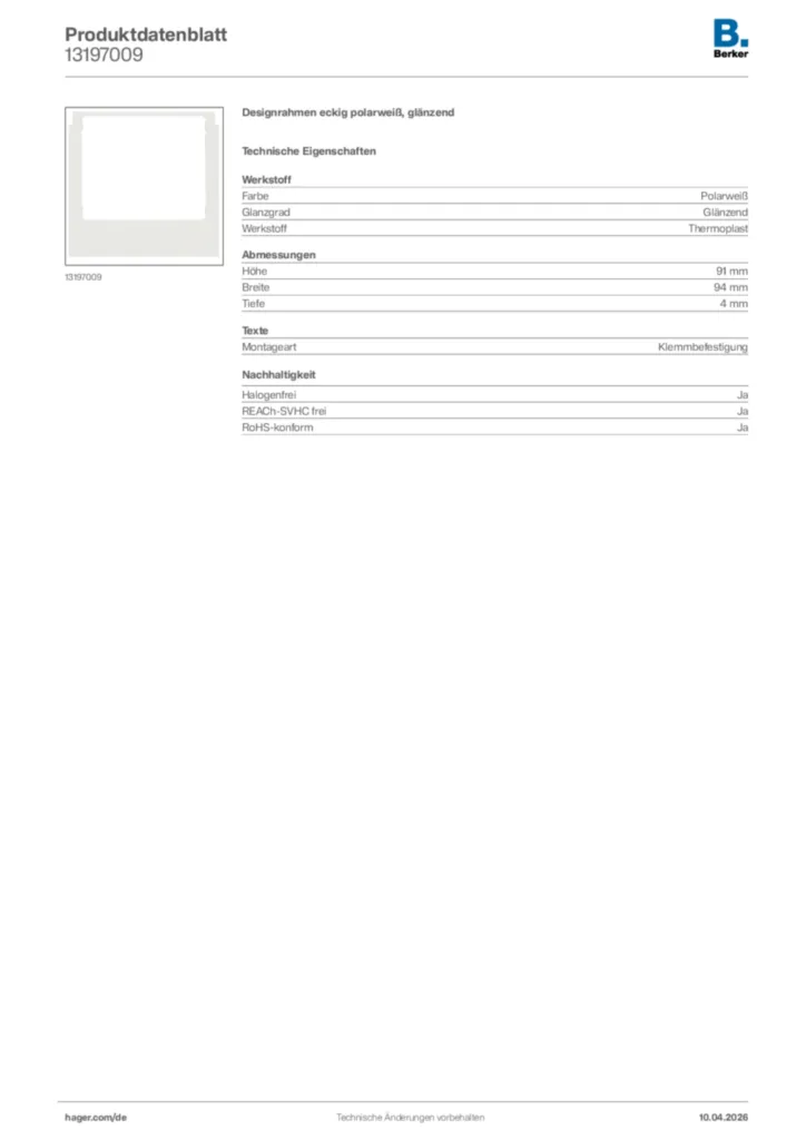 Bild Berker Produktdatenblatt 13197009 | Hager Deutschland