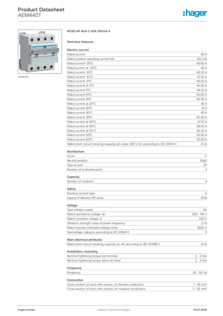 Image Hager Product data sheet AEM440T  | Hager Australia