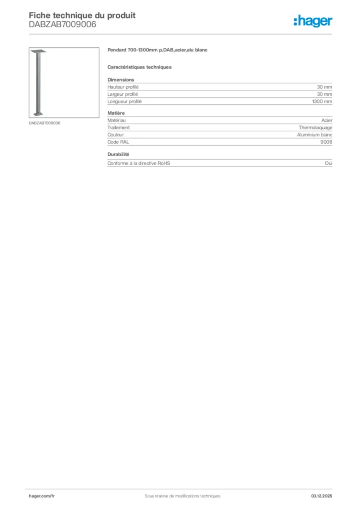 Image Hager Fiche technique du produit DABZAB7009006 | Hager France