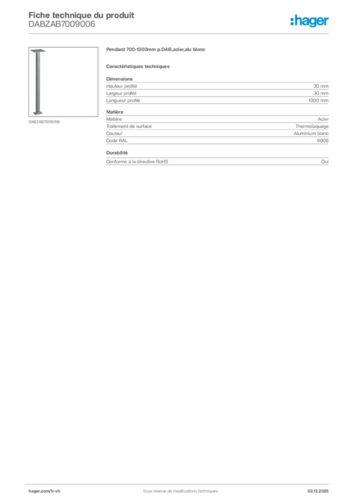 Image Hager Fiche technique du produit DABZAB7009006 | Hager Suisse