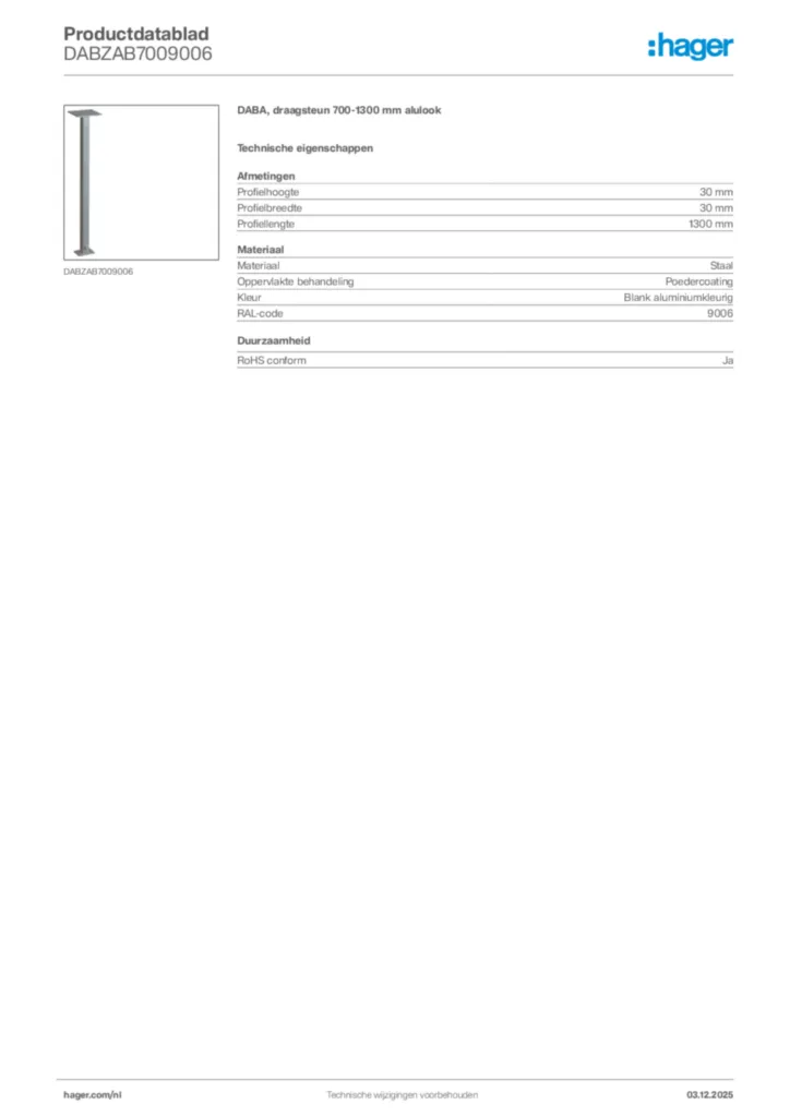 Afbeelding Hager Productdatablad DABZAB7009006 | Hager Nederland