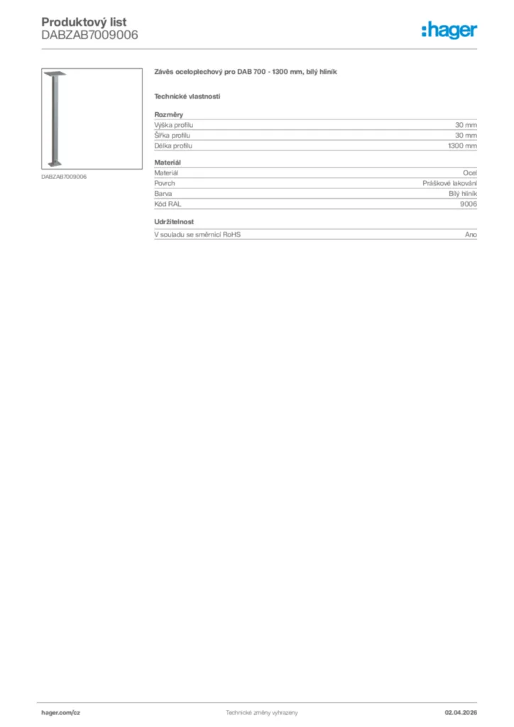 Obrázek Hager Product data sheet DABZAB7009006 | Hager